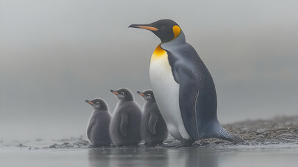 Obraz premium Majestic King Penguin with three adorable chicks by the water's edge on a misty day. A heartwarming wildlife scene.