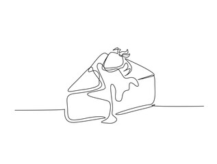 Continuous one line drawing of sliced cake - food and beverage concept. Cheese cake with strawberry in single line draw illustration. Editable stroke.