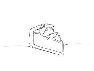 Continuous one line drawing of sliced cake - food and beverage concept. Cheese cake with strawberry in single line draw illustration. Editable stroke.