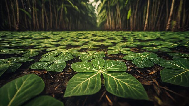lush, green garden with clusters of chrysanthemum leaves growing abundantly, filling the frame with organic symmetry. Chrysanthemum leaves  - Powered by Adobe
