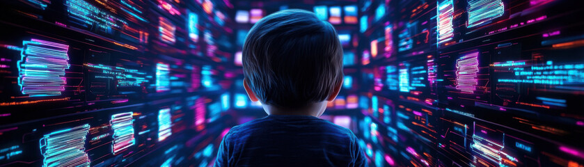 child exploring vibrant digital library filled with glowing data