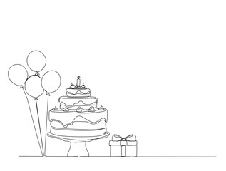 Continuous one line drawing of happy birth day cake. birthday cake with present box and ballloons. in single line draw illustration. Editable stroke.
