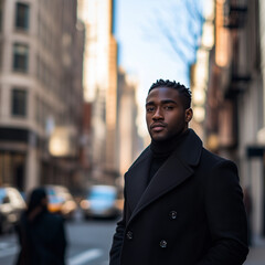 Obraz premium black model posing in a black coat in street for a fashion magazine