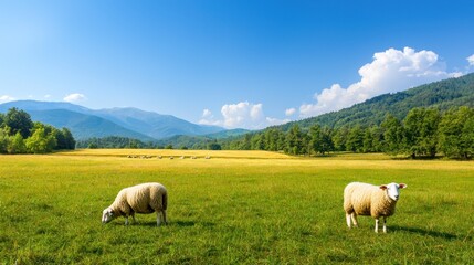 Fototapeta premium Sheep Grazing in a Summer Field