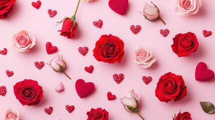 Pattern of roses, hearts, and small cupid icons, set against a light pink background