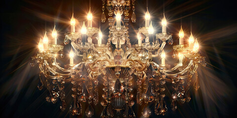 Illuminated Gold Chandelier with Crystal Pendants and Candles