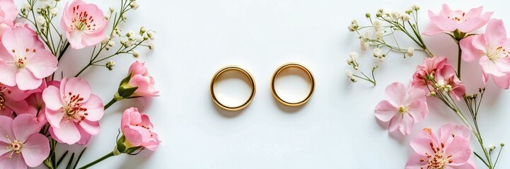 Fototapeta premium Pink flowers and two golden wedding rings on white background