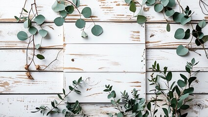 Eucalyptus branches and leaves on wooden rustic white background. Minimal background eucalyptus on white board. Flat lay, top view, copy space