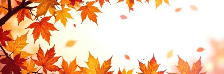 Fototapeta premium Golden hues of fall leaves border isolated on white background, fall, nature, branch
