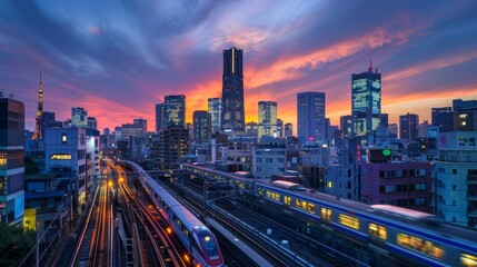 Fototapeta premium A vibrant cityscape at sunset featuring skyscrapers and a train on tracks.