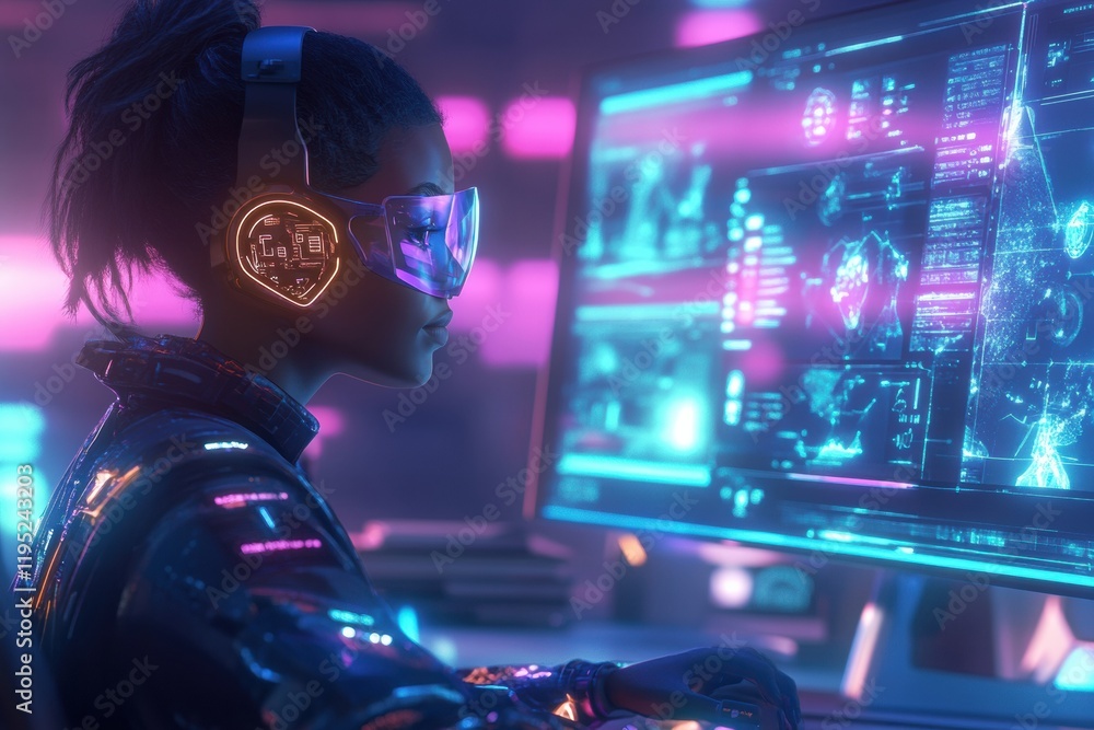 Poster Digital workspace featuring avatars in a futuristic environment with vibrant lighting and advanced technology during evening hours. Generative AI