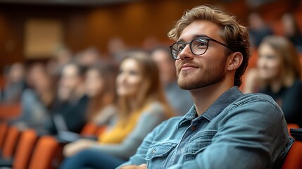 Young man attentively listening to a lecture in a crowded auditorium.