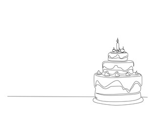 Continuous one line drawing of birthday cake design. Sweat cake with candles in single line draw illustration. Editable stroke.