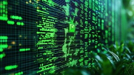 Eco-Friendly Investments Profit Growth Financial Graph. Digital code overlay on foliage, representing technology and nature.