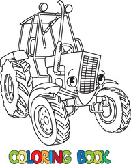 Funny small retro tractor with eyes. Coloring book