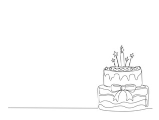 Continuous one line drawing of birthday cake design. Sweat cake with candles in single line draw illustration. Editable stroke.