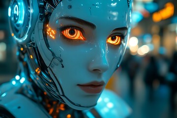 Close-up of a female android with glowing eyes.