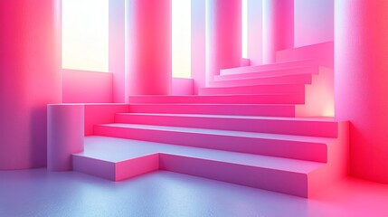 Pink Neon Steps:  Abstract architectural rendering of a staircase bathed in vibrant pink and blue neon light, creating a futuristic and stylish atmosphere.