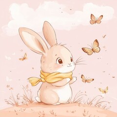 Cute bunny watching butterflies on hill, spring pastel background, children's book illustration