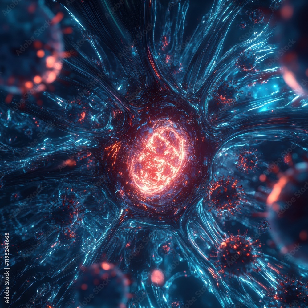 Poster glowing cell illuminated among aggressive viruses in a vibrant microscopic landscape. generative ai