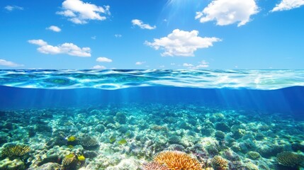 Obraz premium Clear ocean view showcasing coral reefs and vibrant marine life.