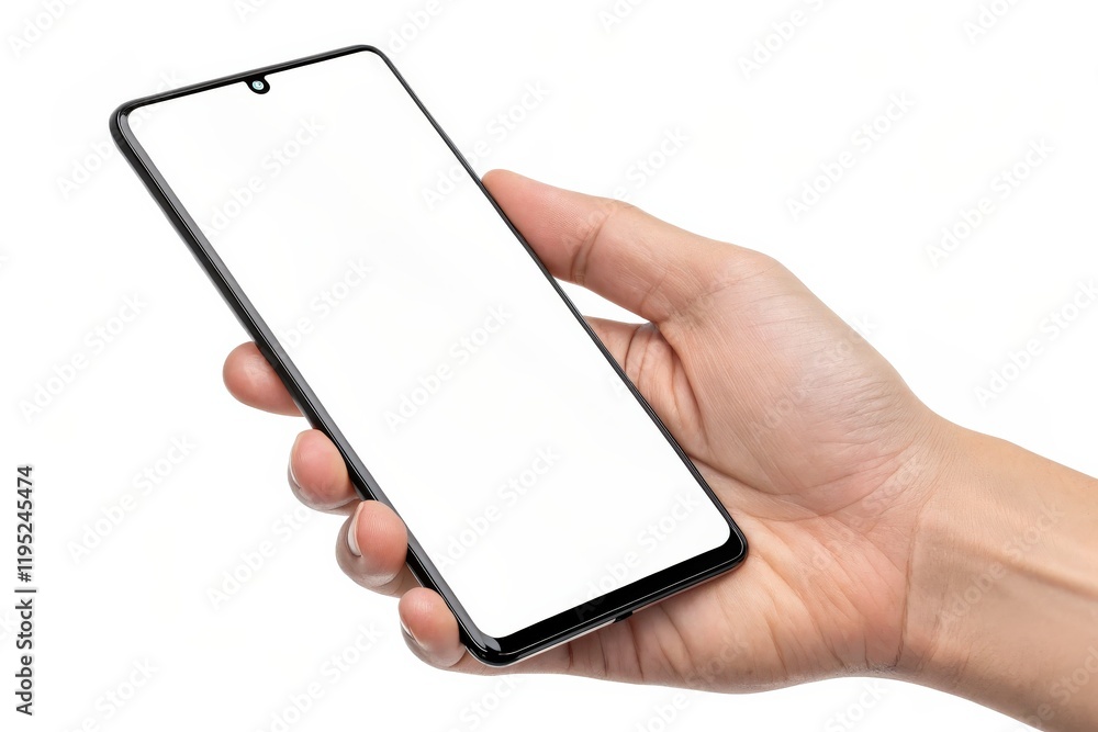 Poster person holding a modern smartphone with a blank screen isolated on white background for mobile appli