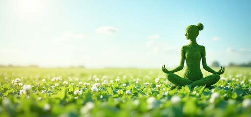 a woman in the lotus position made of a green leaf on the background of a blooming field