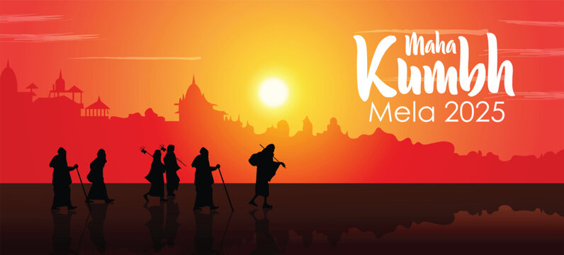 Maha Kumbh Mela Prayagraj 2025 temple vector poster