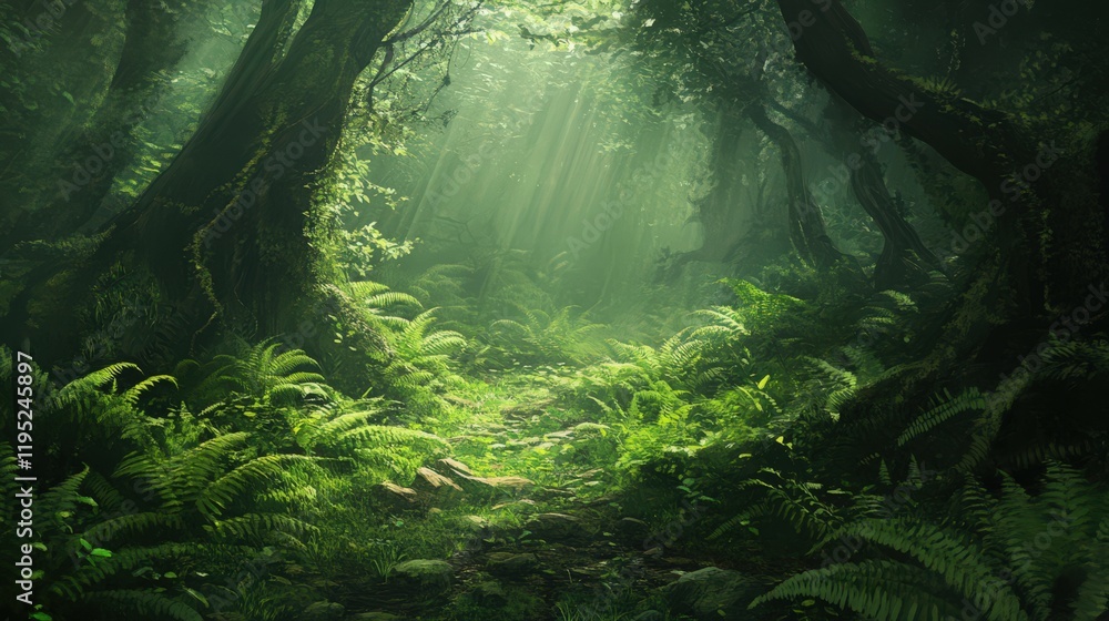 Poster sunlight filtering through the lush green canopy of a dense forest path