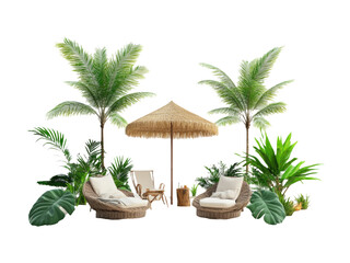 Fototapeta premium 3D Beach Decoration with Palm Trees and Lounge Chairs on White Background