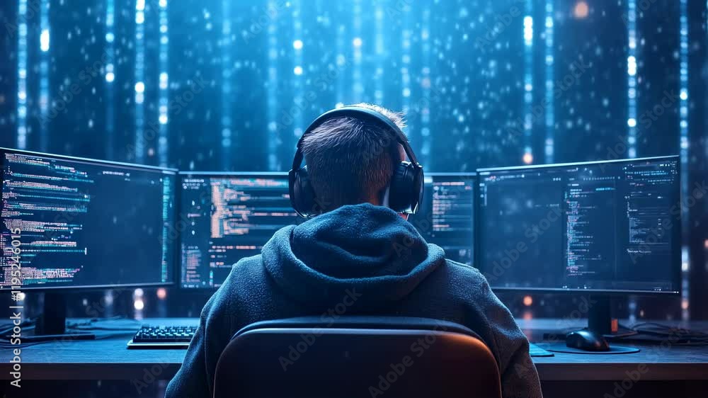 Poster person working on computer programming in a dark room