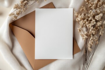 Fototapeta premium Envelope with blank white card with a pink background perfect for invitations or greetings