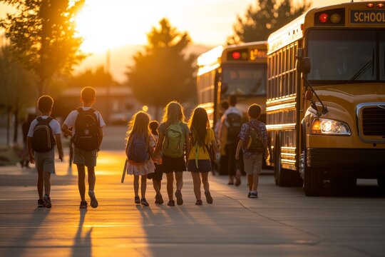 Children heading home after school as the sun sets near parked school buses in the afternoon