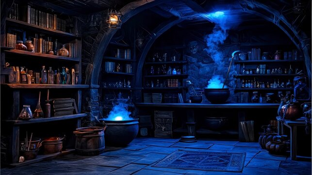 Spooky Witch s Potion Room  Mystical Cauldron  Eerie Blue Lighting  Magic Fantasy Backgrou