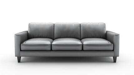 Fototapeta premium A chic grey leather sofa with slim arms and clean lines, isolated against a white backdrop, offering a sleek and versatile look for contemporary spaces.