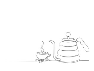 Continuous one line drawing of pot and cup of coffee. Coffee break concept in single line draw illustration. Editable stroke.
