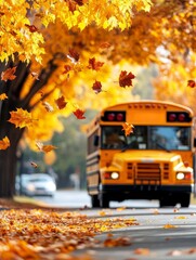 Obraz premium School bus driving through a vibrant autumn landscape filled with falling leaves