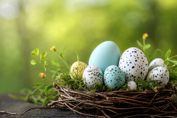 Obraz premium Colorful Easter eggs in nest surrounded by greenery and flowers