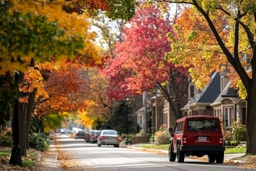 Colorful autumn leaves lining a suburban street with parked cars and a school bus in the distance