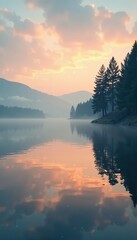 Serene lake surface reflects misty dawn sky with gentle ripples, natural, colors, misty