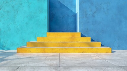 Yellow Steps Against Turquoise and Blue Walls: A minimalist, architectural image featuring a set of yellow concrete stairs positioned against a backdrop of turquoise and blue walls.