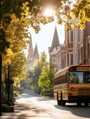 Obraz premium Early morning school bus on a tree-lined street near historic buildings