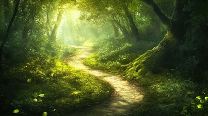 Obraz premium Mossy forest path sunlight. Generative AI