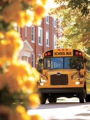 Bright yellow school bus driving down tree-lined street with flowers in foreground during sunny day