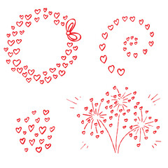 Unique Valentine Doodle Set. Love Wreath with ribbon knot, fireworks, spiral, hearts. Hand drawn unique contour elements, red line, isolated, white background. Valentines Day designs, gifts