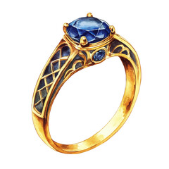 A watercolor of an elegant gold and sapphire ring, isolated on a white background. Elegant gold and sapphire ring vector.
