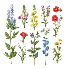 Detailed Botanical Illustration of Various Wildflower Types
