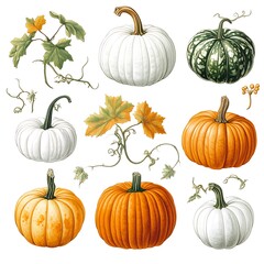 Botanical Illustration of Various Pumpkin Varieties on White Background