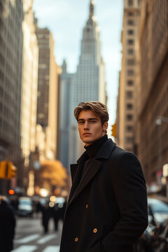 high class fashion foto with model wearing a black coat in american city