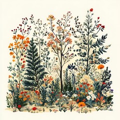 Botanical Illustration of Diverse Plants in Natural Community Setting